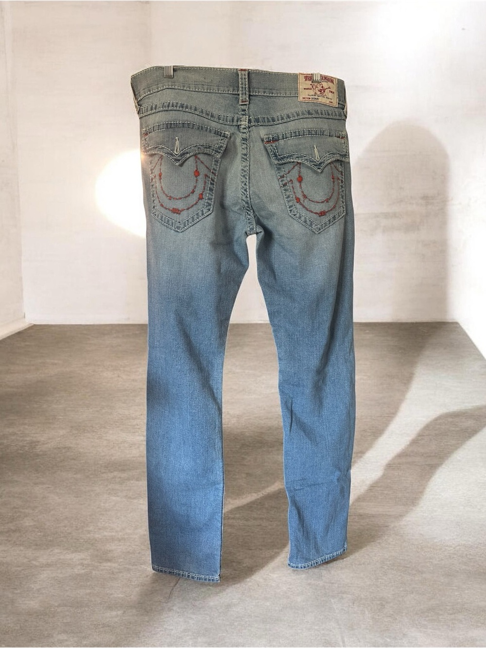 True Religion Light Blue Skinny Jeans with Signature Red Stitching